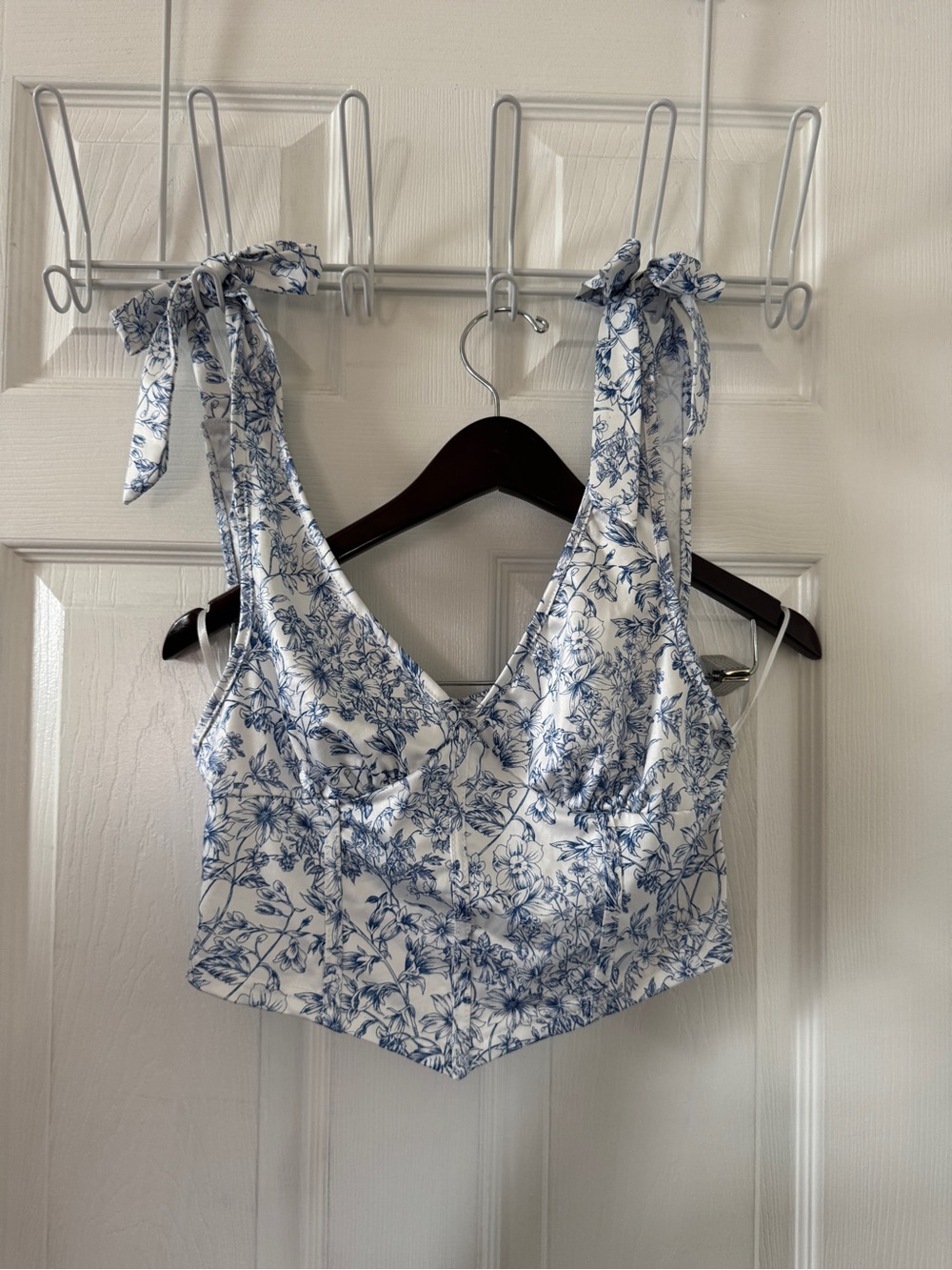 White and Blue Floral Tie-Strap Crop Tank